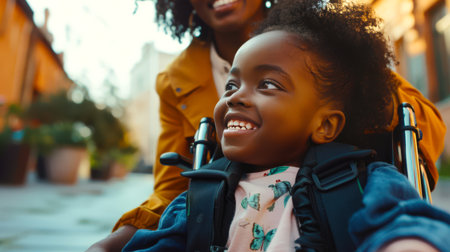A young black disabled girl in a wheelchair smiles and laughs with her mom on a walk. The action takes place on the sidewalk, with several potted plants in the backgroundの素材