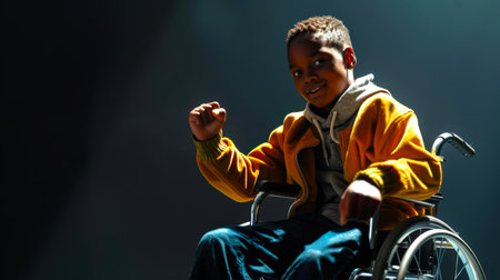 A black little disabled boy in a wheelchair smiles and raises his fist in a sign of struggle with his illness. The concept of hope and resilience, as a boy is able to enjoy a moment of happiness despite his physical limitationsの素材
