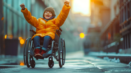 A little disabled boy in a wheelchair smiles and raises his hands in the air as a sign of a small victory in his recovery. The concept of joy and freedom, as a boy can enjoy life despite his physical limitationsの素材