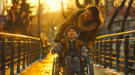 A young mother walks with her little disabled son sitting in a wheelchair. The scene is bright and cheerful, the sun illuminates the bridge. The concept of love and careの素材