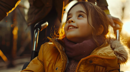 A candid portrait of a little disabled girl in a wheelchair. She is smiling and happy to walk with her mom. The scene is warm and inviting, the sun is shining brightly, casting a golden glow on the girl and her surroundingsの素材