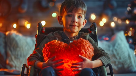 A little disabled boy is sitting in a wheelchair, holding a red plush glowing heart in his hands. The action takes place in a dimly lit room with several lights on, which creates a cozy and intimate atmosphereの素材
