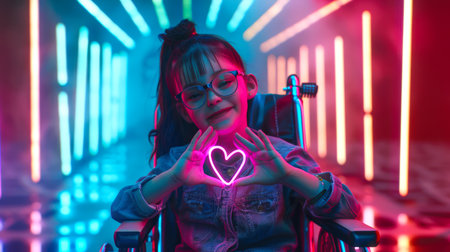The concept of love and care for disabled children. A disabled girl with glasses in a wheelchair holds a glowing heart made of neon lights in her hands. The child is smiling and he is happy.の素材