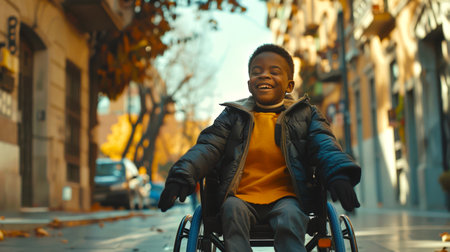 A black disabled boy is sitting in a wheelchair smiling and enjoying life as he drives along a city street. The concept of joy and freedomの素材