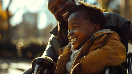 The concept of love and the importance of family relationships. Dad walks with his little disabled son sitting in a wheelchair. A black man and a child are smiling and laughing.の素材