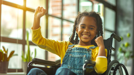 A young black disabled girl in a wheelchair rejoices at her small victory in the fight for her health. The concept of joy and positivity when a girl seems to be celebrating or expressing happinessの素材