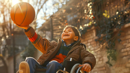 A little disabled boy in a wheelchair is playing basketball. He holds a basketball in his hand and smiles. The concept of joy and determination when a boy is actively involved in sports, despite his physical limitationsの素材