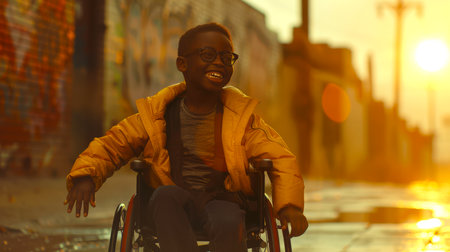An optimistic little black disabled boy with glasses is sitting in a wheelchair smiling and enjoying life. The action takes place on a city street against the background of sunset. The boy's smile and the setting sun create a warm and positive moodの素材