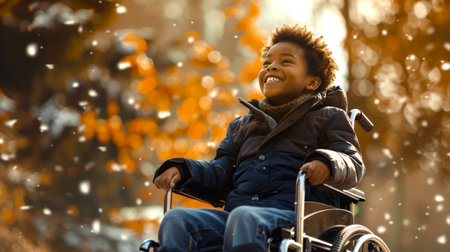 A little black happy disabled boy in a wheelchair sees the first snow and smiles while enjoying a walk in the fresh air. The concept of happiness and freedom, as a boy can participate in outdoor activities despite his physical limitationsの素材