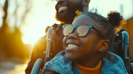 A candid portrait of a little black disabled girl in a wheelchair. Dad walks with his daughter at sunset. The scene is bright and sunny, and the girl is enjoying the warmth of the sun in sunglassesの素材