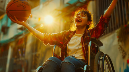 A disabled woman in a wheelchair holds a basketball in her hand and smiles. The concept of joy and happiness when a woman enjoys playing basketball despite her physical limitationsの素材