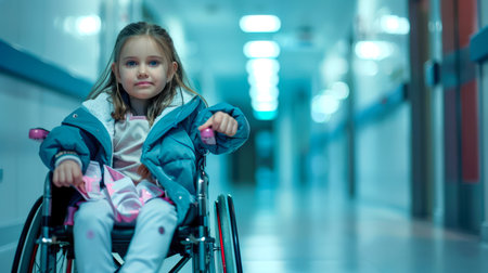 Portrait of a white disabled girl in a wheelchair in a hospital corridor. The concept of passing a medical examination and taking care of your health. Social problems of children with disabilitiesの素材