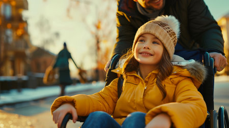 A young disabled girl in a wheelchair is having fun with her dad in the city. She is wearing a yellow jacket. A man is rolling his disabled daughter down the street. The concept of love, care and understandingの素材