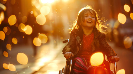 The concept of struggle and non-discouragement. A young disabled girl in a wheelchair is smiling in the sunlight. The scene is bright and cheerful, the sun illuminates the girl and the surroundings.の素材
