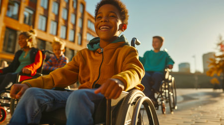 Happy disabled children in wheelchairs are riding around the city. A little black boy in a wheelchair is smiling surrounded by his friends. The concept of joy and inclusionの素材