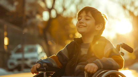 A happy disabled boy in a wheelchair is smiling and enjoying the sun. The concept of happiness and positivity, as a boy can participate in outdoor activities despite his physical limitationsの素材