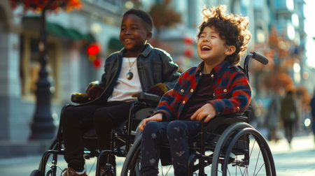 Two disabled children in wheelchairs are smiling and laughing. A black boy and an Asian boy are walking around the city. The action takes place on a city street, people pass byの素材