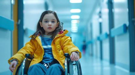 A sad, unhappy young disabled girl in a wheelchair is sitting in the corridor of the hospital. She's wearing a yellow jacket and she's saddened by what's happening. The concept of treating a terrible diseaseの素材