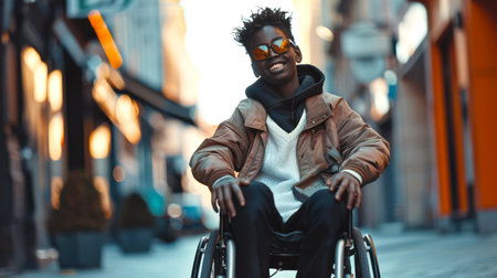 Stylish fashionable black disabled young man in sunglasses and in a wheelchair. He is smiling and sitting on the sidewalk on a city street. The concept of not being discouraged and fighting for your lifeの素材