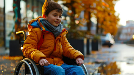 Portrait of a disabled boy in a wheelchair. The action takes place on a rainy autumn day in the park. He is smiling and wearing an orange jacket.の素材
