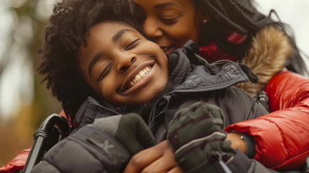 A happy mother hugs her disabled son, who is sitting in a wheelchair. A black woman and a boy are smiling and glad that they have each other. The idea of warmth and affection between two peopleの素材