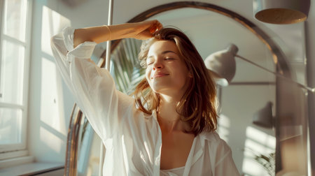 Good morning. A candid portrait of a beautiful young woman who has just woken up. The woman smiles and stretches. She's wearing a white shirt. She stands in the sunlight.の素材