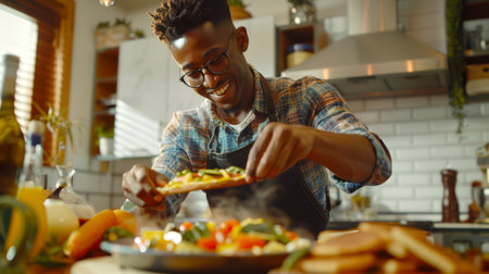 A black happy man prepares a delicious healthy breakfast in a stylish kitchen. He's wearing an apron and glasses, and he's smiling. The kitchen is well equipped with various itemsの素材
