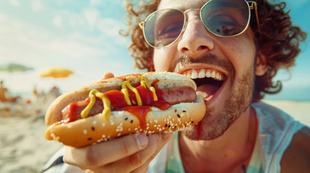 The concept of fast food. Close-up of a funny stylish trendy happy man with curly hair eating a hot delicious hot dog with mustard and ketchup on the beach. He smiles and enjoys his meal. Promotional photo.の素材