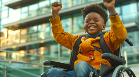 A cute funny black disabled boy in a wheelchair smiles and raises his hands in the air as a sign of victory. The concept of joy and happiness when it seems that a boy is celebrating or expressing his excitementの素材