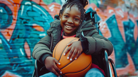 A happy black disabled girl in a wheelchair holds a basketball in her hands and smiles. The concept of joy and happiness as the girl seems to be enjoying playing basketballの素材