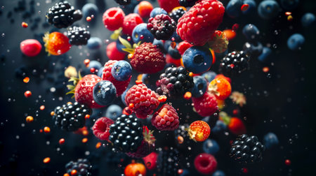 A close-up of a bunch of blackberries, raspberries, strawberries and blueberries falling down on a black background. Berry mix. A healthy breakfast of fresh wild berries. Berry Explosionの素材