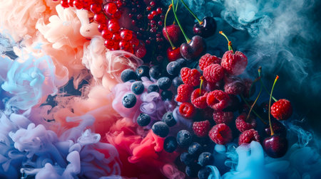 Raspberries, blueberries, cherries and red currents in smoke. A colorful picture of berries and colored thick smoke on a black background. The picture is bright and lively, there is movement and energy in it. The smoke gives the painting depthの素材