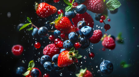 Salad of fresh ripe juicy wild berries. Raspberries, strawberries and blueberries float in the air on a black background. The concept of freshness and abundance.の素材