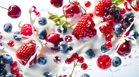 A healthy morning berry smoothie. Juicy ripe delicious raspberries, blackberries, blueberries, cherries and red currants are mixed with the most delicate white yogurt or milk. Summer berries on a white backgroundの素材