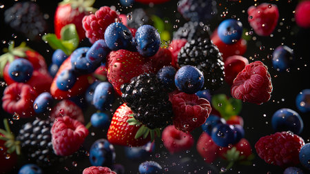 Juicy berry explosion on a black background. Close-up of a bouquet of strawberries, blueberries, raspberries and blackberries. Summer gifts of summer. A delicious healthy harvest. The picture shows a playful and bright moodの素材