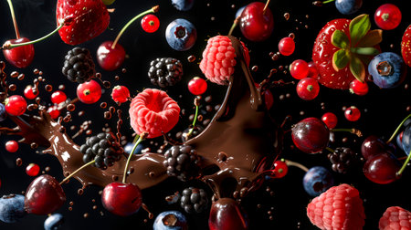 Delicious forest ripe juicy berries in thick milk chocolate. Colorful image of berries, including cherries, strawberries, blueberries, blackberries, red currants, cherries and raspberries, covered with chocolate glaze. The scene turned out to be playful and funnyの素材