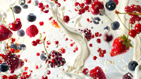 Milkshake with wild berries. Berry and milk smoothie. Strawberries, raspberries, blueberries, cherries and red currants are mixed with milk. The painting is saturated with bright colors and looks as if it is in motionの素材