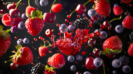 Close-up of raspberries, strawberries, blackberries, blueberries and cherries with splashes of red juice or wine on a black background. The concept of freshness and abundance, as well as the idea of enjoying healthy natural productsの素材