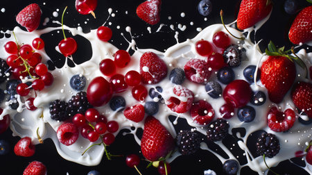 A variety of berries are mixed with milk on a black background. Milkshake with strawberries, raspberries, blueberries, blackberries, red currants and cherries. A healthy snackの素材