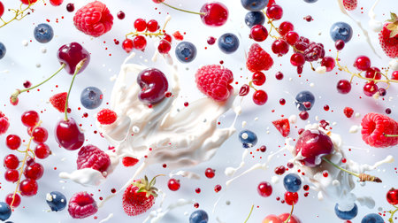 Delicate yogurt with strawberries, blueberries, raspberries, red currants and cherries on a white background. Delicious fresh ripe bright wild berries are mixed with cream. A healthy breakfast.の素材
