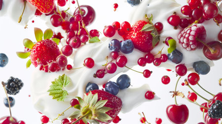 Milkshake with delicious summer berries of strawberries, blueberries, raspberries, blackberries, red currants and cherries. Yogurt with pieces of berries. A healthy breakfast. Berry mixの素材