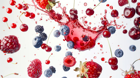 Fruit salad with cherries, blueberries, strawberries, blackberries, red currants and raspberries. Summer ripe delicious berries are mixed with red wine or syrup on a white background. Berry mixの素材