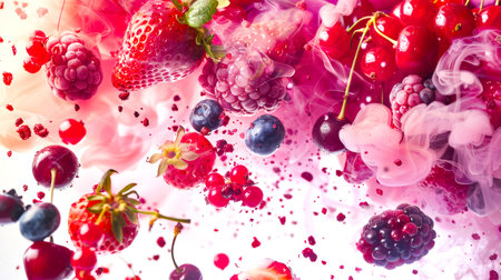 Stylish multicolored thick smoke envelops fresh delicious raspberries, strawberries, blueberries, blackberries, red currants and cherries on a white background. Close-up of a bouquet of berries, which of them are floating in the airの素材