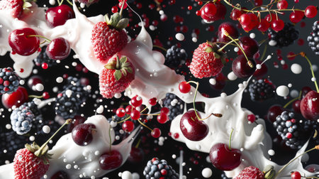 Assorted berries. Berry-milk splash on a black background. Strawberries, blackberries, cherries and red currants fly into the air with yogurt on a black background. Healthy breakfastの素材