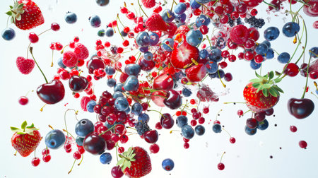 Berry explosion with cherries, strawberries and blueberries. Berry mix. The image is bright and colorful, with a sense of energy and excitement. The berries are scattered all over the frame.の素材