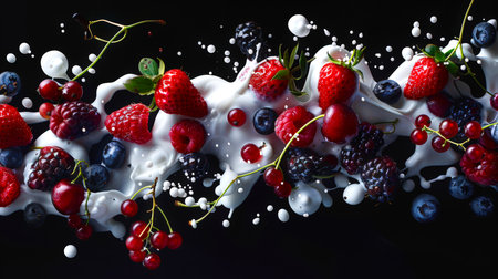 Milkshake with summer berries. Close-up of bunches of strawberries, raspberries, blueberries, red currants, blackberries and cherries mixed with yogurt on a black background. There is something playful and whimsical about this imageの素材