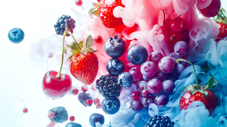 Berry mix in thick stylish colored smoke on a white background. Close-up of strawberries, cherries, blueberries and blackberries. The concept of freshness and abundance. Berry mixの素材