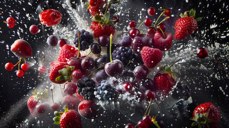 Berry explosion with white powdered sugar on a black background. Strawberries, blueberries, cherries, raspberries, red currants and blackberries combine with powder in the air. Berry mixの素材