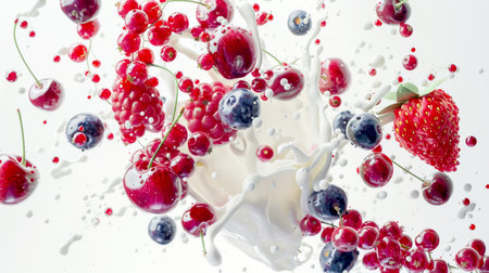 A milkshake with different berries. Strawberries, raspberries, blueberries, cherries and red currants mix in the air with a splash of milk. Berries on a white background. Healthy breakfastの素材