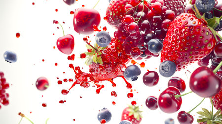 Berry wine Berry salad with cherries, blueberries, red currants and strawberries. Juicy delicious berries are combined with red syrup on a white background. A healthy treatの素材